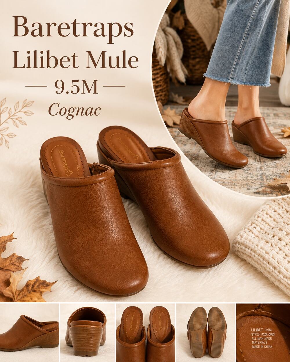 Baretraps Lilibet Mule Clog Cognac Brown Slip On Wedge 9.5M nwot